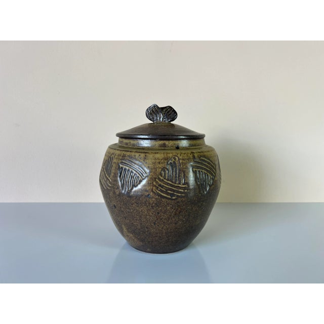 Mid-Century Modern Mid-Century Speckled Glaze Studio Pottery Jar With Lid/ Sold For Sale - Image 3 of 10