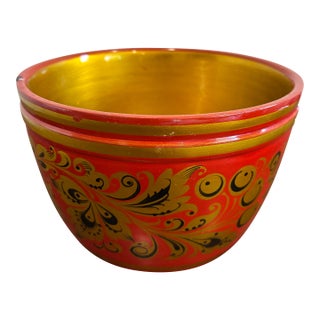 Vintage Hand Painted Folk Art Wooden Bowl For Sale