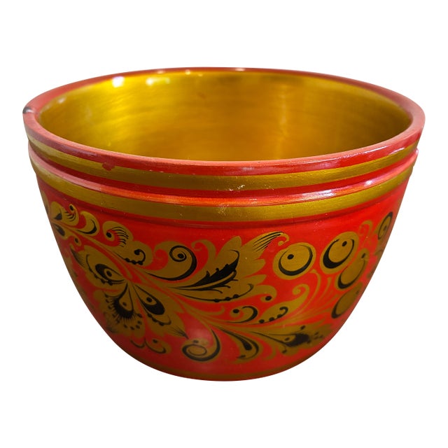 Vintage Hand Painted Folk Art Wooden Bowl For Sale