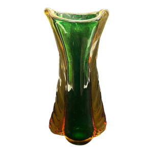 Italian Hand Blown Green and Amber Glass Vase Murano Style