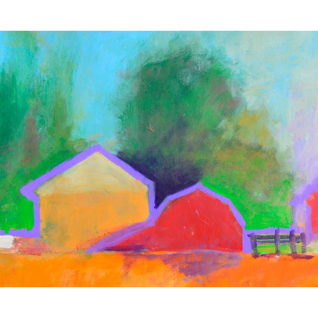 Bright Country Barns - Abstracted Modern Farm Landscape in Acrylic on Paper by Michael William Eggleston For Sale - Image 4 of 4