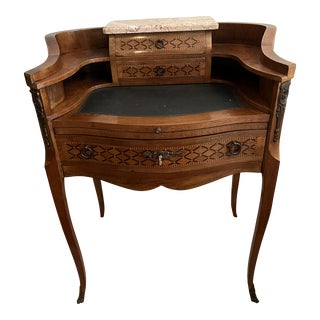 Antique French Desk Parquet Walnut Leather Desk Top Marble Accent For Sale