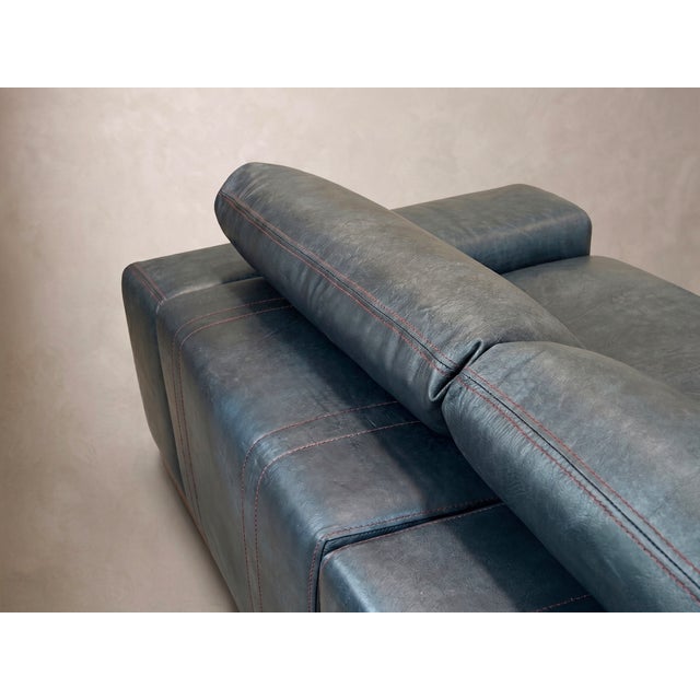 Floating Blue Leather Sofa With Manual Recliner For Sale - Image 4 of 6