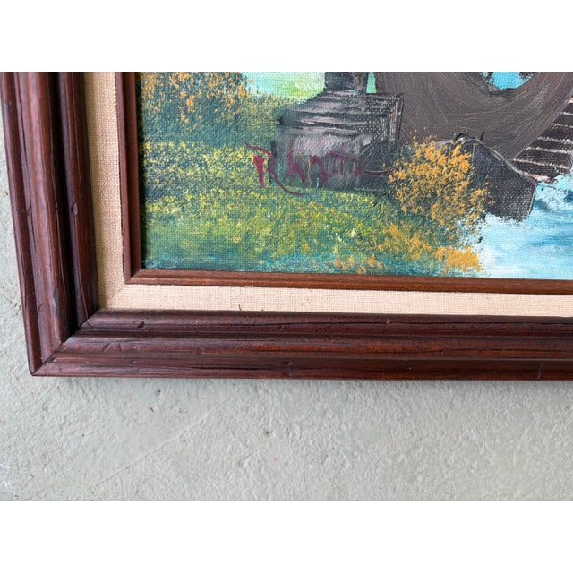 1970s Vintage Signed Rustic Water Mill Landscape Oil Painting in Wood Frame For Sale - Image 5 of 8