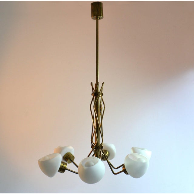 Opaline and Brass Italian Chandelier in the style of Stilnovo, 1950s For Sale - Image 4 of 14