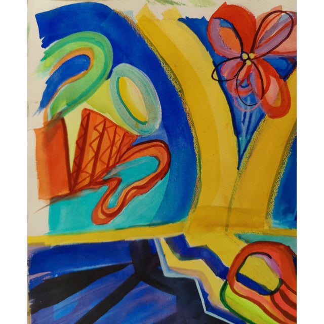 1990s Vintage Whimsical Colorful Abstract Floral Geometric Original Watercolor Signed Vicki Silva For Sale - Image 5 of 11