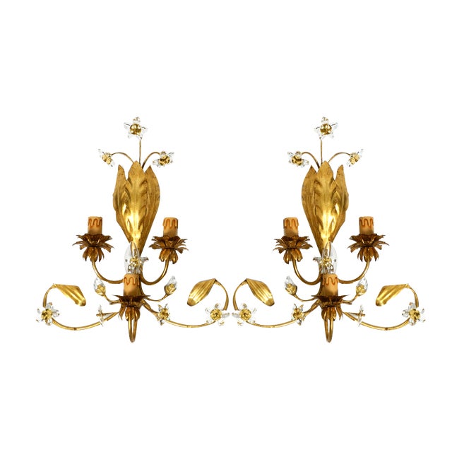 Italian Gold Plated Floral Regency Murano Glass Sconces, 1980s, Set of 2 For Sale