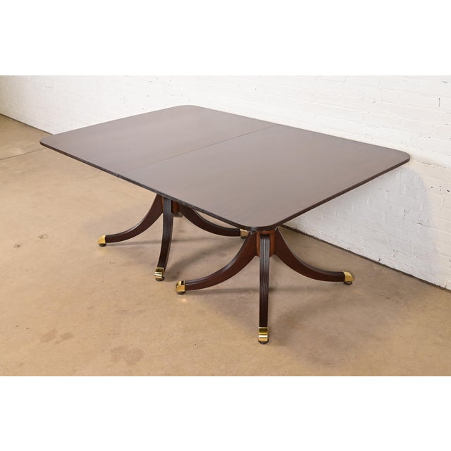 Brown Baker Furniture Style Georgian Mahogany Double Pedestal Extension Dining Table, Newly Refinished For Sale - Image 8 of 13