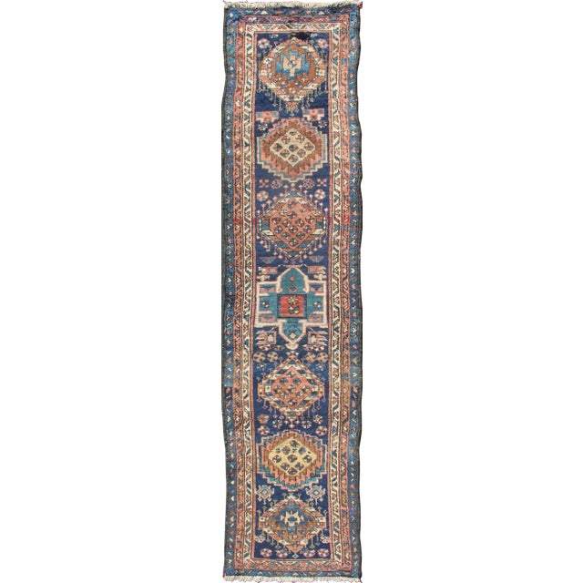 Colorful Persian Antique Karajeh Runner in Blue and Brown For Sale