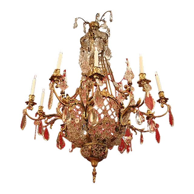 Large Bronze & Crystal 10-Light Chandelier, 19th Century For Sale