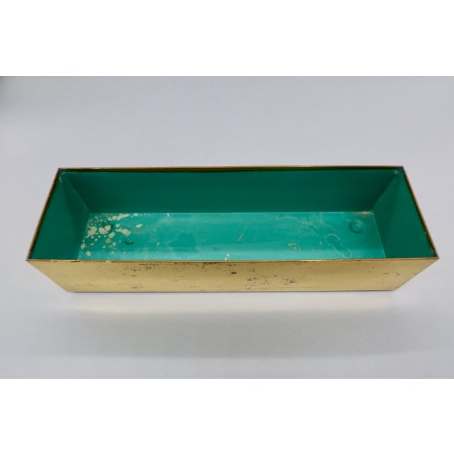 Vintage MCM Brass Rectangular Box — Desk Organizer or Planter, Teal-Lined Interior For Sale - Image 4 of 6
