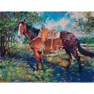 He Awaits by Jeff Slemons | Soft Pastel on Sanded Paper Horse with Saddle in a Pastoral Setting For Sale