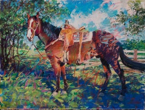 He Awaits by Jeff Slemons | Soft Pastel on Sanded Paper Horse with Saddle in a Pastoral Setting