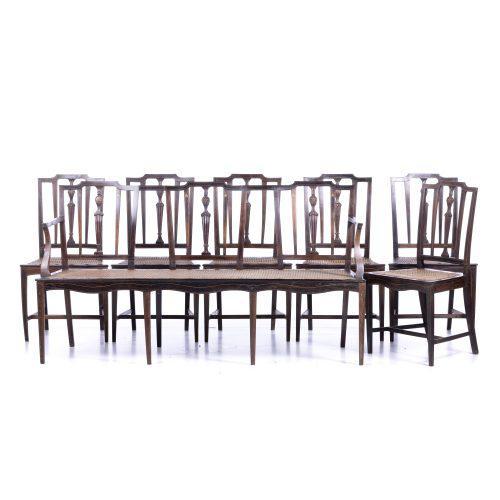 19th century Portuguese, in rosewood with inlays. Straw seats. Dimensions: (settee) 92 x 169 x 52 cm; (chair) 93 x 47 x 39...
