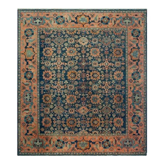 1960s Blue Geometric Vintage Turkish Village Rug 12'6"x14'8" Knotted Wool Carpet For Sale