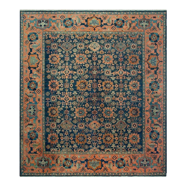 1960s Blue Geometric Vintage Turkish Village Rug 12'6"x14'8" Knotted Wool Carpet For Sale