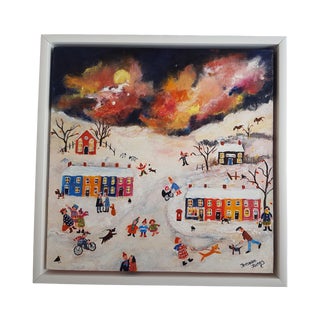 "Cosy Winter's Afternoon" Contemporary Folk Art Style School Scene Acrylic Painting by Therese James, Framed For Sale