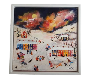 "Cosy Winter's Afternoon" Contemporary Folk Art Style School Scene Acrylic Painting by Therese James, Framed