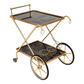 Vintage Italian Bar Cart with Dark Mirrored Glass Shelves, 1960s For Sale