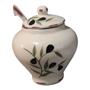 Late 20th Century Baum Bros Olivera Collection Olive Covered Jar & Spoon