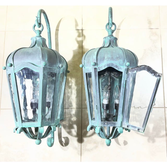 Pair of Vintage Large Solid Brass Outdoor Wall Lanterns For Sale - Image 17 of 17