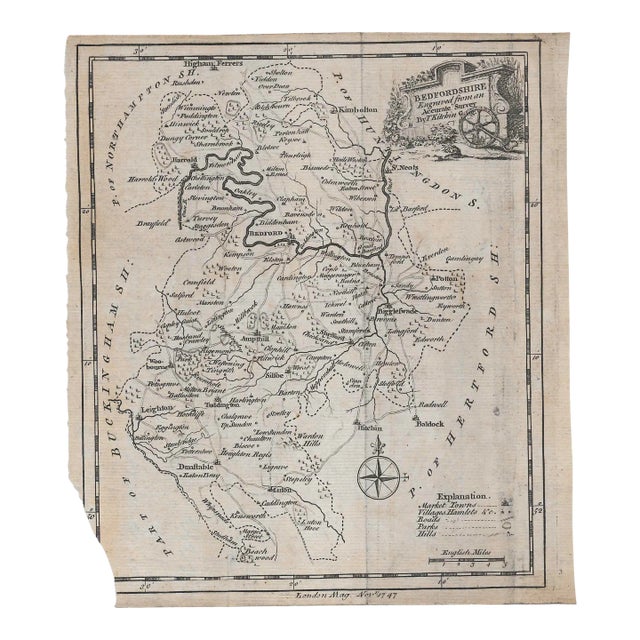 Antique Bedfordshire England Map by Thomas Kitchin For Sale