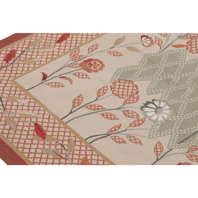 Chinese Rug & Kilim's Aubusson Rug, Cream With Red and Sage Floral Patterns For Sale - Image 3 of 8