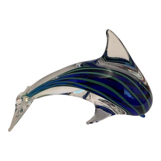 Vintage Blue-N-Green Striped Murano Style Hand Blown Glass Dolphin For Sale