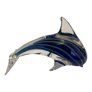Vintage Blue-N-Green Striped Murano Style Hand Blown Glass Dolphin