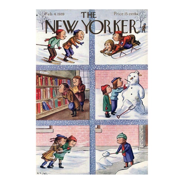 1939 Vintage New Yorker Cover, February 4, William Steig Illustration, Winter Sports For Sale