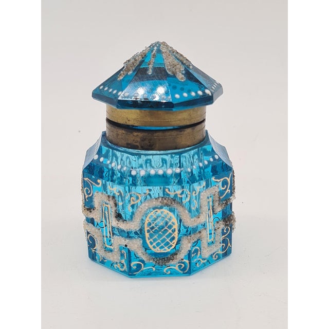 Glass Antique Art Deco French Inkwell in Blue Faceted Glass, 1920 For Sale - Image 7 of 10