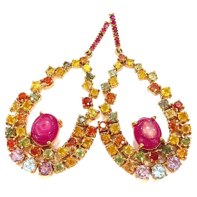 Bochic "Capri" Vintage Ruby & Multi Fancy Sapphire Earrings-18K Gold & Silver For Sale - Image 15 of 18