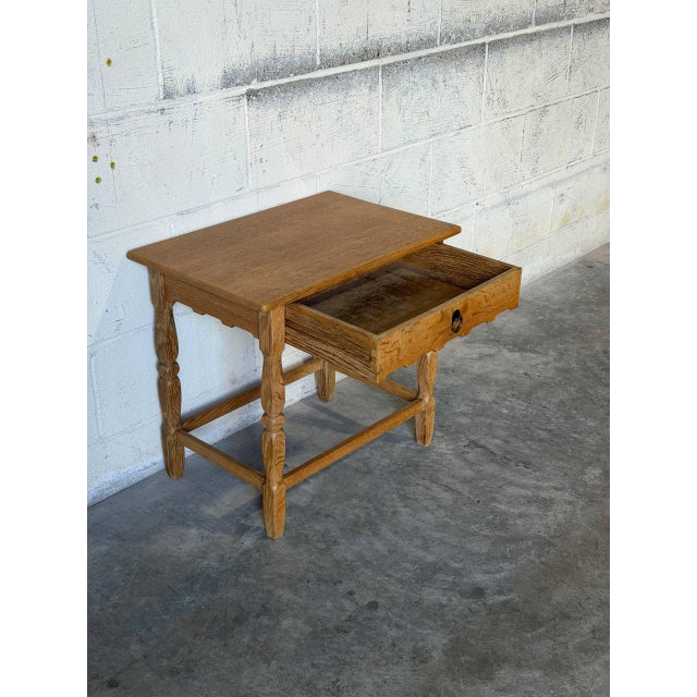 Oak Side Table With Single Drawer Turned Legs and Metal Pull Accent Vintage 1970s For Sale In Los Angeles - Image 6 of 10