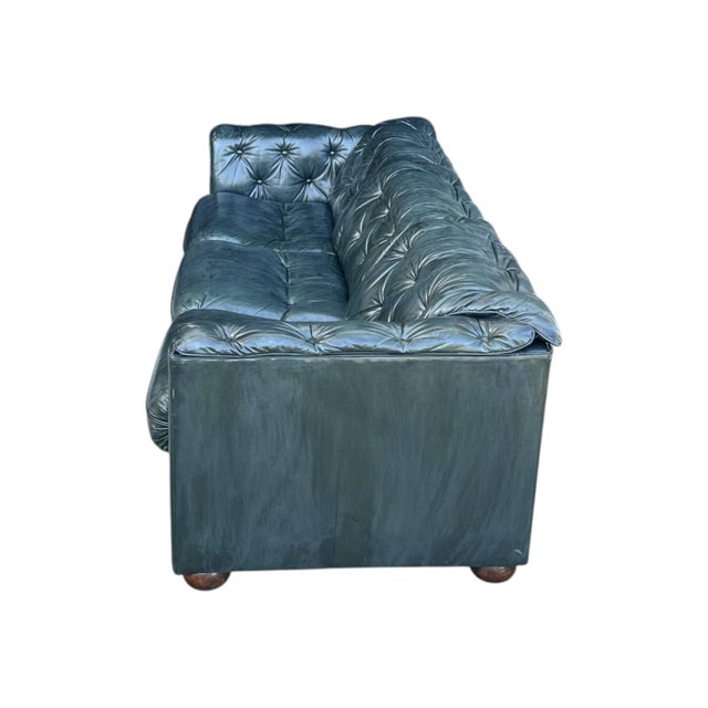 1960s Vintage Dark Green Leather English Club Sofa With Tufted Back & Rich Patina For Sale - Image 5 of 10