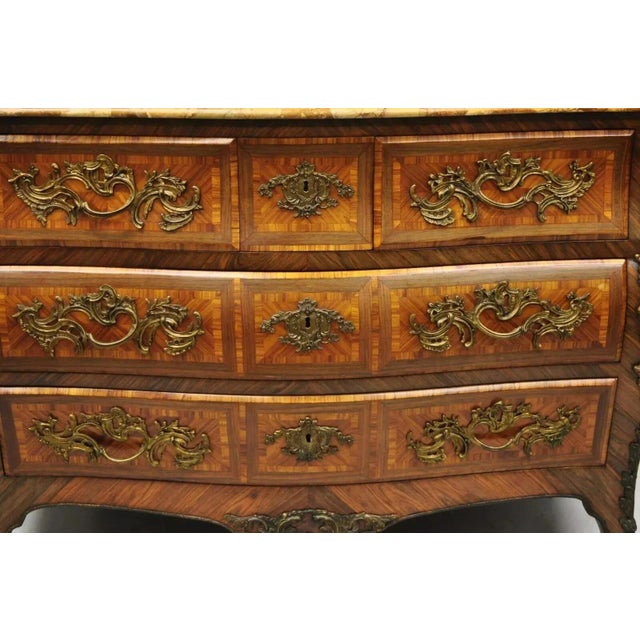 Mid 20th Century French Louis XV Style Inlaid Marble Top Bombe Commode Chest With Bronze Figures For Sale - Image 5 of 12