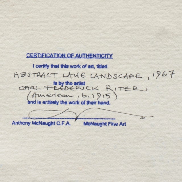 'Abstracted Lake Landscape' by Carl Frederick Riter, 1967; Wisconsin Artist For Sale - Image 9 of 9