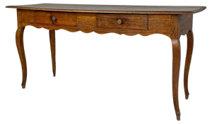 Italian Wooden Table with 2 Drawers, Brass Handle and Wavy Legs, 1700s