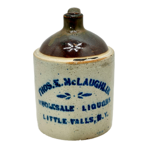 Nice Small Antique 1/2 Gallon Size Stoneware Wholesale Liquor Merchants Jug From Little Falls New York