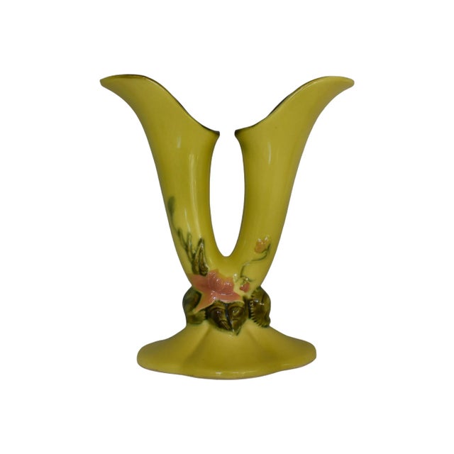 Ceramic 1950s Hull Pottery Woodland Double Bud Vase Green With Pink Floral For Sale - Image 7 of 7