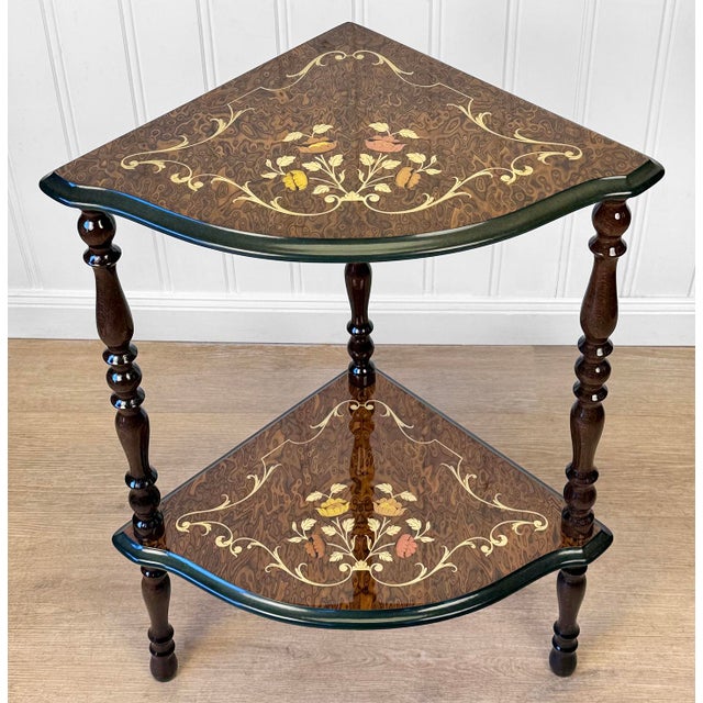 - Original 1970’s Italian Rococo Corner Shelf - Walnut Veneered Top with Wonderful Fruitwood Inlay - Clear Piano Lacquered...