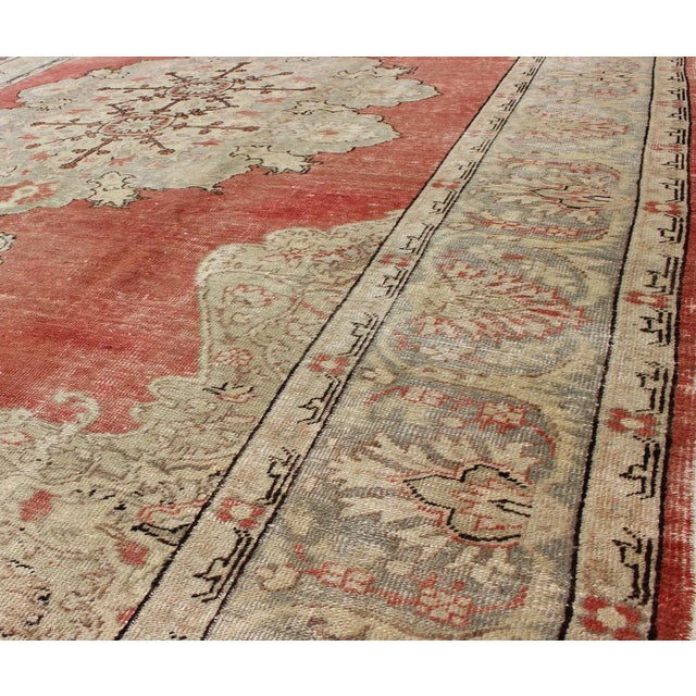 Classic Antique Sivas Rug Turkish in Medallion Design With Coral Red Field & Light Green For Sale - Image 9 of 11