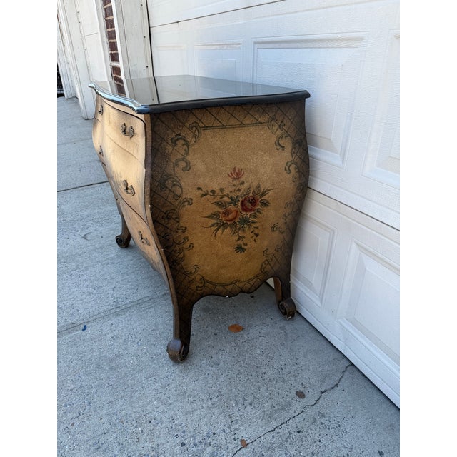 Late 20th Century Vintage Louis XV Style Floral Painted Bombe Chest of Drawers With Black Top For Sale - Image 5 of 12