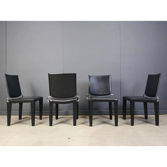 Black Leather Dining Chairs by Arper Italy, 1980s, Set of 4, in Very Good conditions. Designed 1980 to 1989 This piece has...