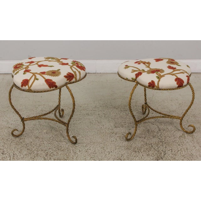 Pair Clover Shape Crewel Work Upholstered Iron Stools For Sale - Image 11 of 11