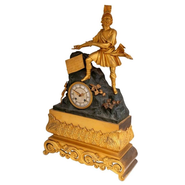 French Charles X Gilt and Patinated Figural Bronze Clock For Sale - Image 3 of 5
