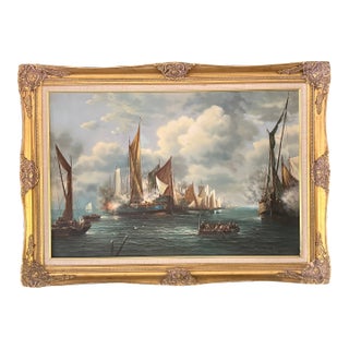 20th Century Dutch Style Naval Battle Oil Painting, Signed s.d. Richelle For Sale