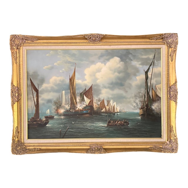 20th Century Dutch Style Naval Battle Oil Painting, Signed s.d. Richelle For Sale