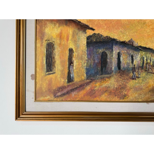 Wood 1998 Evelyn De Quinteros “Fantastic Midday” Spanish Village Oil on Canvas Painting For Sale - Image 7 of 12