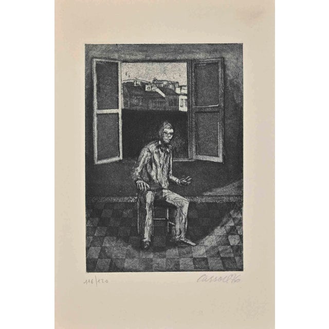 Man at the Window is an Original Etching realized by Robert Carrol in 1976. The artwork is in good condition on a yellowed...