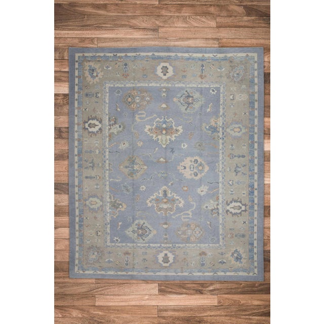 Textile Early 21st Century Blue & Taupe Floral Design Handwoven Wool Turkish Oushak Rug 12'3" X 15' For Sale - Image 7 of 8